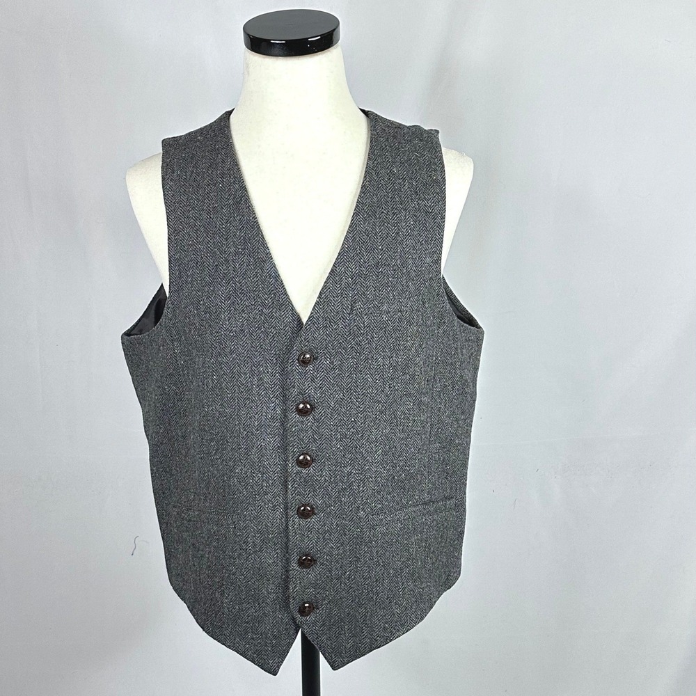 VOBOOM Sz XL Vest Grey Herringbone 100% Wool Tweed Formal Dark Academia Layering